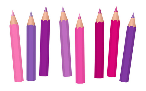 粉红色,紫色,洋红色和紫色女孩力量蜡笔,短铅笔,松散排列的白色背景上