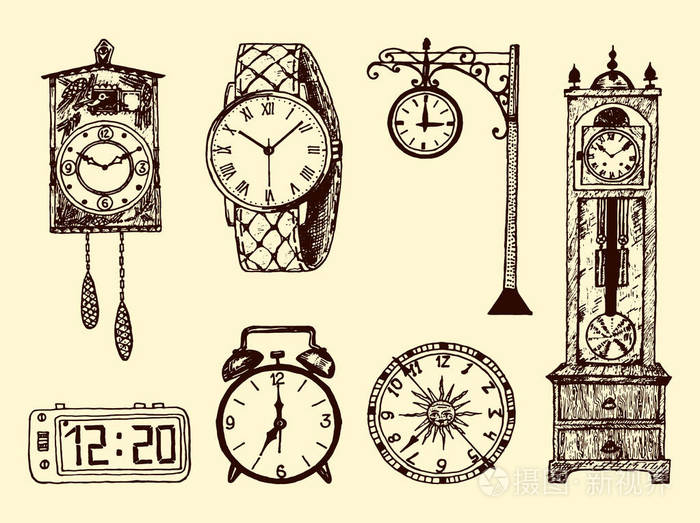 老式经典怀表闹钟沙漏和表盘显示时间古代收藏元素刻手画旧单色素描