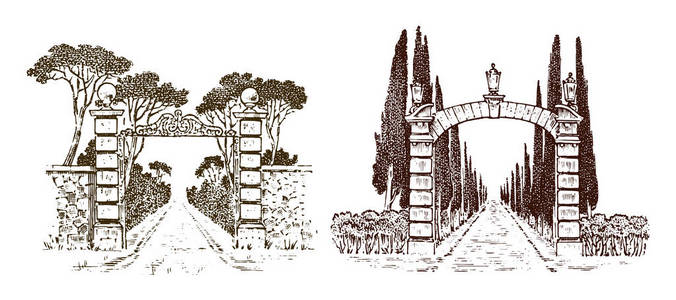 在树的背景下的花园或公园的入口.刻手工画的老素描.矢量插图照片