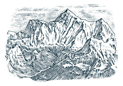 山峰, 复古 elbrus, 老看手画, 素描或雕刻风格, 不同的版本远足