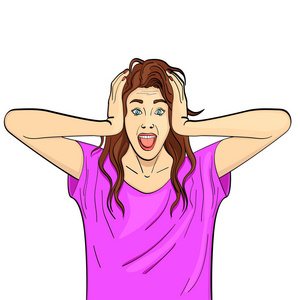 年轻的女孩, 黑发的尖叫, 保持自己的头部.心理疾病, 歇斯底里.