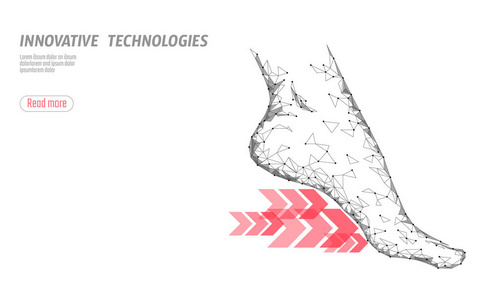 鞋技术科学健身弹性。人女健身脚鞋底快跑箭。低聚未来多边形运动鞋设计。矢量插图白色