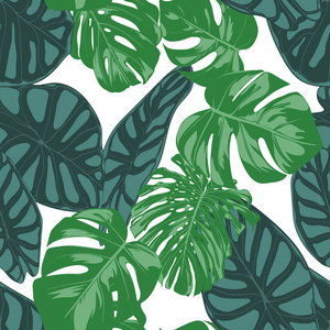 无缝手工绘制植物异国情调的图案与蔓和海叶。在水彩风格的媒介丛林树叶。纺织布料布料纸张无缝热带叶背景