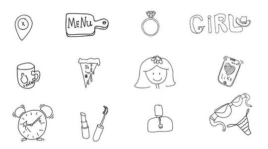 s accessories. Girl signs and symbols. Hand drawn doodle vector 