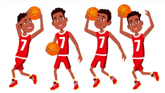 篮球运动员孩子设定向量。行动。运动员穿着制服的球。团队行动贴纸。运动游戏。独立平板卡通插图