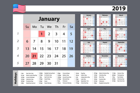 矢量简单日历2019年一年一目了然从星期一开始，公共假日为美国艺术。