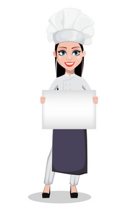漂亮的面包师女士穿着职业制服和厨师帽，手里拿着空白的标语牌。 欢快的卡通人物。 白色背景上的矢量插图。