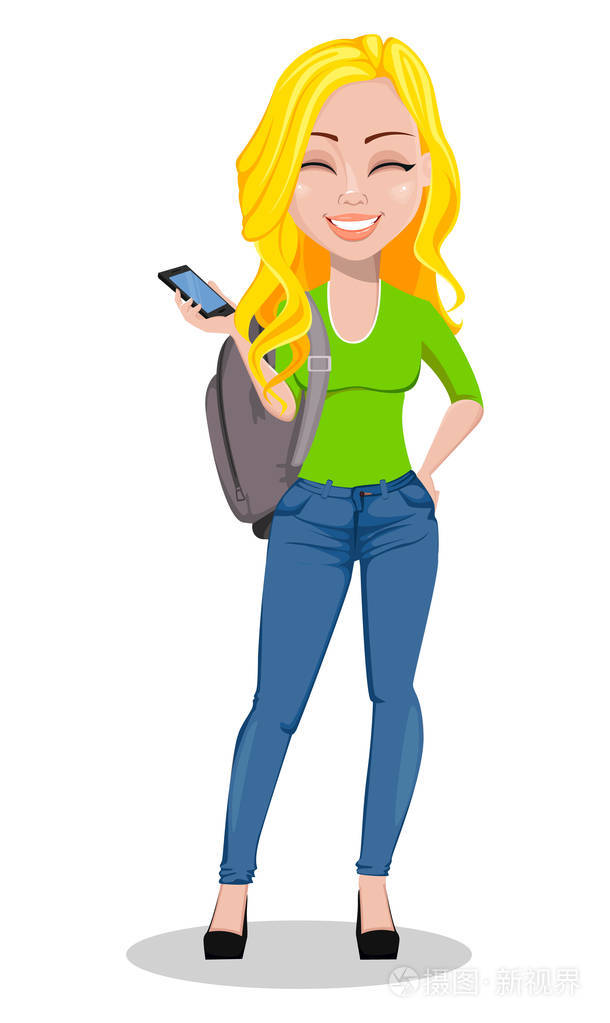 带背包的快乐学生美丽的女性卡通人物笑着拿着智能手机回学校去白色