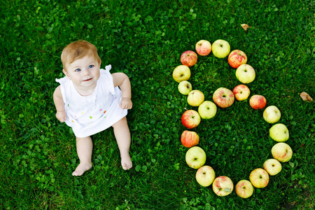 可爱的小女孩与8八月, 在一个农场的成熟苹果在初秋。小女婴在苹果树果园玩耍