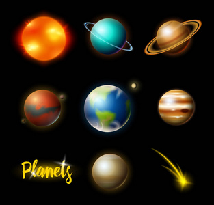太阳系中的行星。天文星系。宇航员探索探险。太空火星和太阳, 地球和金星。网站的横幅或背景