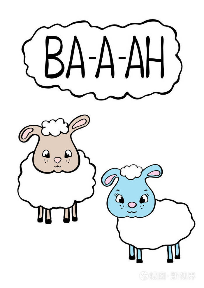 白色背景上可爱的绵羊字符矢量明信片. 毛茸茸的羊和文字泡泡.