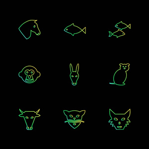 黑色背景上的动物组互联网平面矢量应用图标。