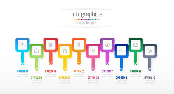 为您的业务数据提供信息设计元素，其中包含10个选项部分步骤时间表或流程。 矢量图。