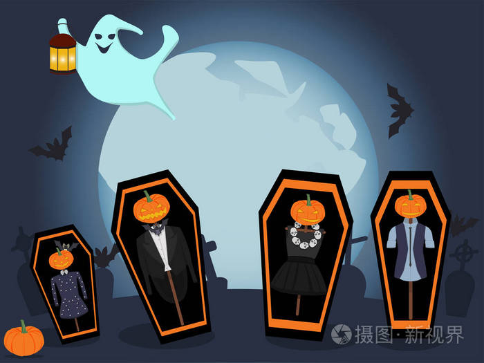 墓地上的万圣节躺在墓地棺材里的稻草人一家穿着服装的稻草人和拿着