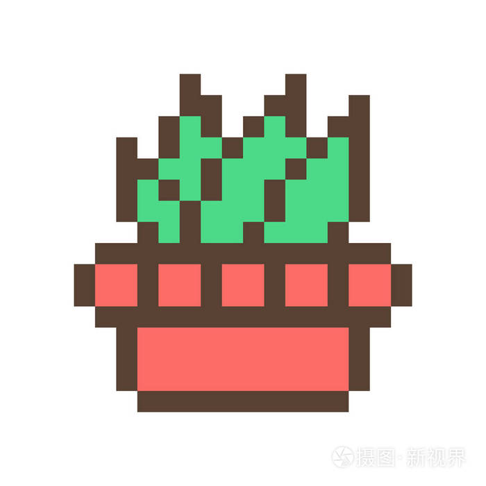 绿色肉质(芦荟)在粘土花盆16x16像素艺术图标分离在白色背景.