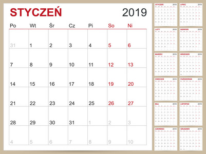 波兰计划日历2019年波兰日历模板2019年套12个月周开始星期一可打印日历模板矢量插图