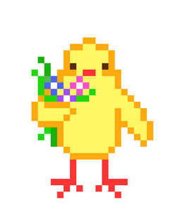 可爱的小黄色鸡肉与花束像素艺术人物隔离在白色背景。 小鸟象征。 农场动物。 复活节卡片。复古旧学校8位80年代90年代电子游戏图