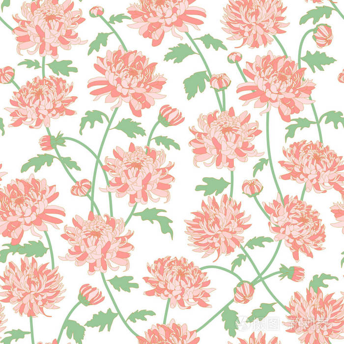 矢量无缝花卉图案. 日本民族花卉菊花. 奢华设计纺织品纸壁纸窗帘