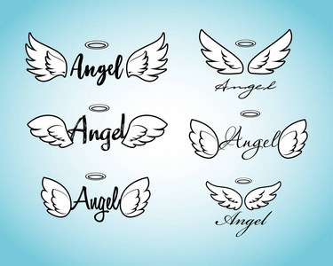 勾勒天使的翅膀 自由和宗教纹身矢量设计孤立在白色背景上