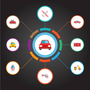 一套汽车图标平面式符号与汽车, 机动摩托车, 直升机和其他图标为您的 web 移动应用程序徽标设计