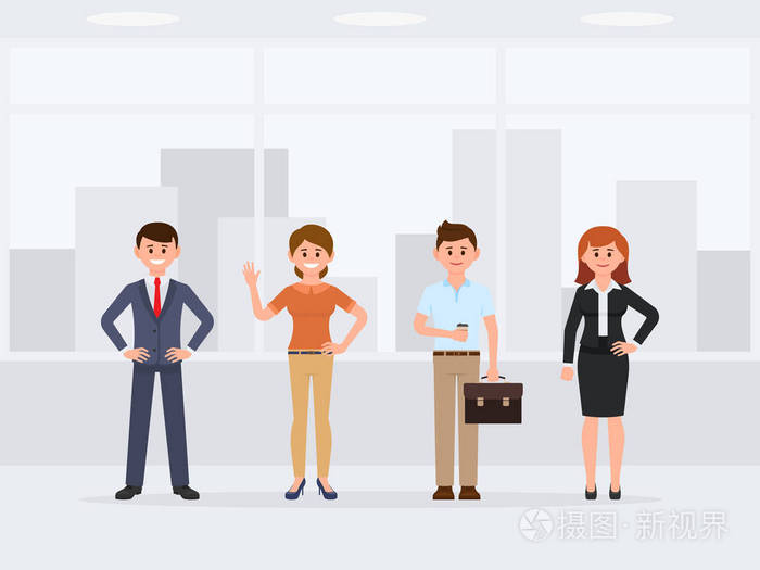 同事站在办公室的卡通人物.年轻快乐同事的正面看法