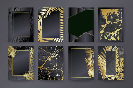 一套典雅的小册子卡片背景封面。黑色和金色的大理石质地。棕榈, 异国情调的叶子