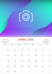 2019年4月。日历规划师文具设计模板与地方照片。 一周从星期一开始。 矢量插图