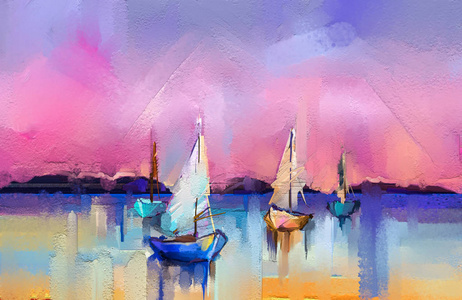 画布纹理上的彩色油画。 带有阳光背景的海景画的印象主义形象。 现代艺术油画，船帆在海上。 当代抽象艺术背景