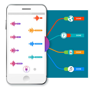 语音识别信息图形。 语音识别智能家居和语音辅助系统概念图。 向量