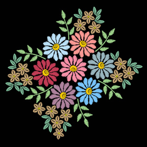 矢量刺绣传统民间花卉点缀在黑色背景上.照片