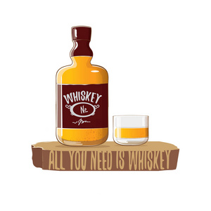 你需要的是威士忌矢量概念插图。矢量时髦威士忌或波旁酒瓶用玻璃和滑稽的口号为打印在三通