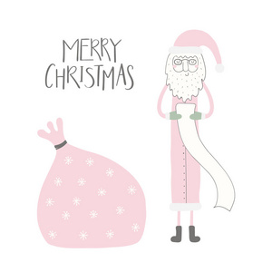 手绘矢量插图一个有趣的圣诞老人阅读礼物清单与麻袋和字母报价圣诞快乐隔离在白色背景，概念贺卡