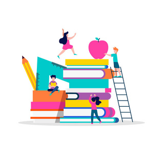 学校插画概念，幼儿用铅笔，尺子和苹果围着书堆玩..丰富多彩的社会儿童教育设计。EPS10矢量。
