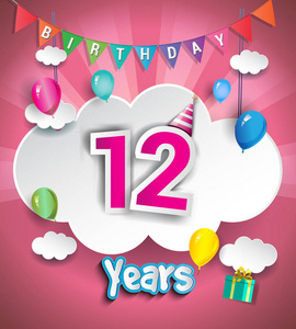 12岁生日设计贺卡和海报,带有礼品盒,气球.周年庆典设计模板照片