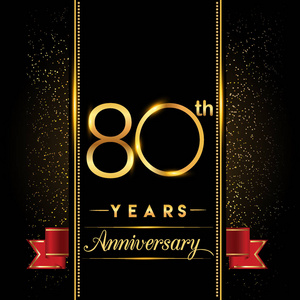 80周年庆祝标志型。周年纪念标志与五彩纸屑金色隔离在黑色背景，矢量设计贺卡和邀请卡