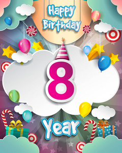 8周年庆典设计，配云及气球，纸屑..矢量模板元素为您，六十八年生日庆祝聚会。