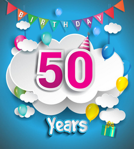 50岁生日设计贺卡和海报,带有礼品盒,气球.周年庆典设计模板照片