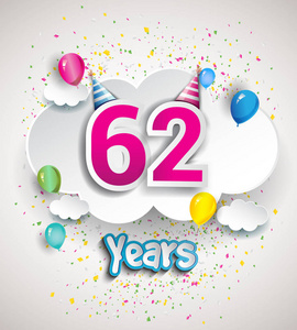 62周年庆典设计，配云气球，纸屑..矢量模板元素为您，六十八年生日庆祝聚会。