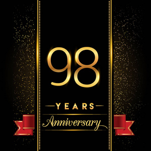 98周年庆祝标志型。周年纪念标志与五彩纸屑金色隔离在黑色背景，矢量设计贺卡和邀请卡