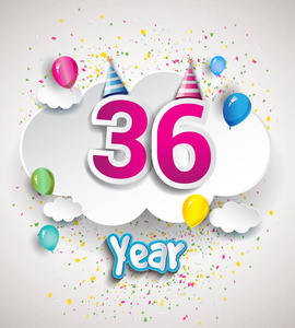 36周年庆典设计，配云气球，纸屑..矢量模板元素为您，六十八年生日庆祝聚会。