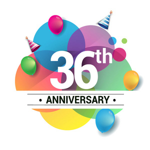 36周年标志，矢量设计生日庆祝与彩色几何，圆圈和气球隔离在白色背景。