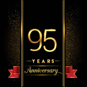 95周年庆祝标志型。周年纪念标志与五彩纸屑金色隔离在黑色背景，矢量设计贺卡和邀请卡