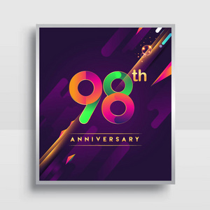 98年周年标志，矢量设计的邀请和海报十九年生日庆祝与彩色抽象背景隔离在白色背景。