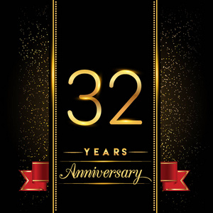 32周年庆祝标志型。周年纪念标志与五彩纸屑金色隔离在黑色背景，矢量设计贺卡和邀请卡