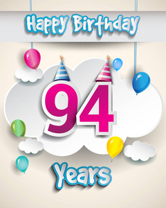 94岁生日设计贺卡和海报,带有礼品盒,气球.周年庆典设计模板照片
