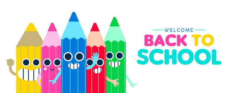 欢迎回到学校网页横幅插图与快乐彩色铅笔卡通朋友挥手问好，儿童教育设计。可爱的人物，五颜六色的风格。EPS10矢量。
