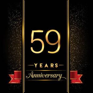 59周年庆祝标志型。周年纪念标志与五彩纸屑金色隔离在黑色背景，矢量设计贺卡和邀请卡