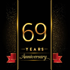 69周年庆祝标志型。周年纪念标志与五彩纸屑金色隔离在黑色背景，矢量设计贺卡和邀请卡