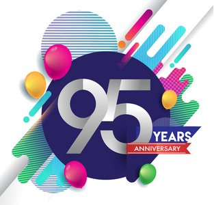 95周年纪念标志与丰富多彩的抽象背景，矢量设计模板元素的邀请卡和海报您的生日庆祝。