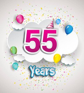 55周年庆典设计，配云气球，纸屑..矢量模板元素为您，六十八年生日庆祝聚会。